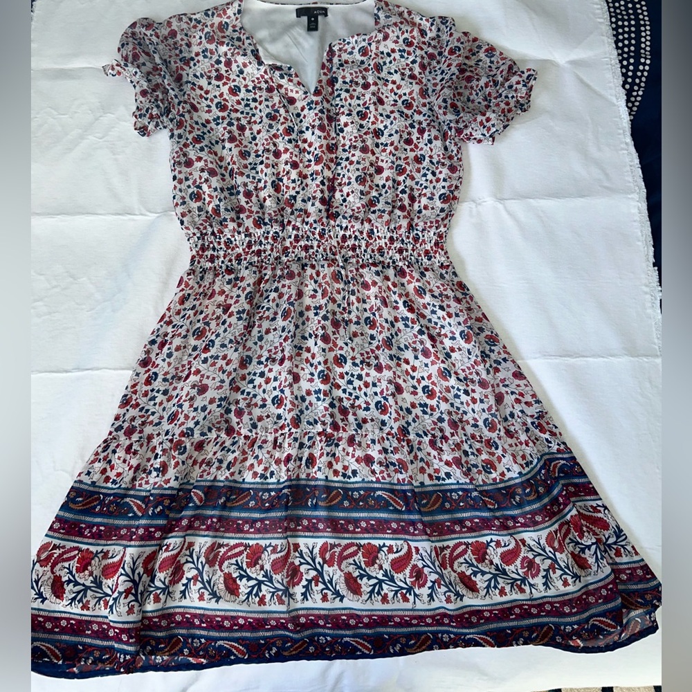 Aqua Floral Mini Dress, Size Medium, Red and Blue Pattern